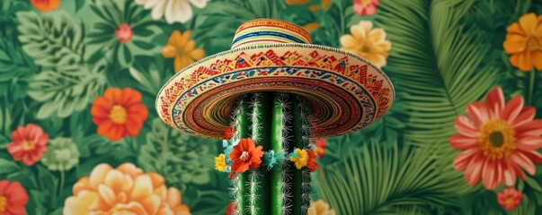Vibrant Sombrero Adorned Cactus Amidst Tropical Blooms