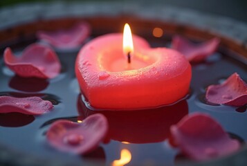 Floating Heart-Shaped Candle Surrounded by Rose Petals, Creating a Peaceful and Romantic Valentine’s Day Scene