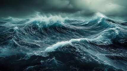 A dramatic ocean storm with bold, textured oil-paint waves in dark blues