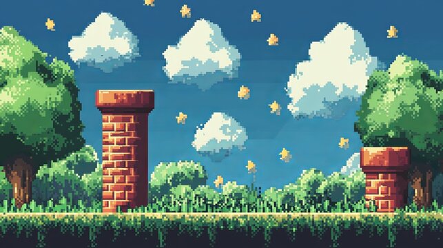 Charming Pixel Art Representation of a Majestic Castle Surrounded by Lush Green Trees Under a Bright Blue Sky Evoking a Sense of Fantasy and Whimsy in a Vibrant Colorful Landscape