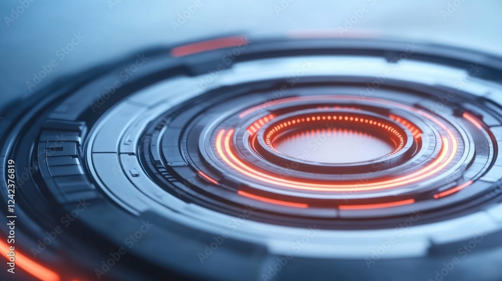 Poster abstract futuristic background featuring glowing circular elements with red accents and intricate de