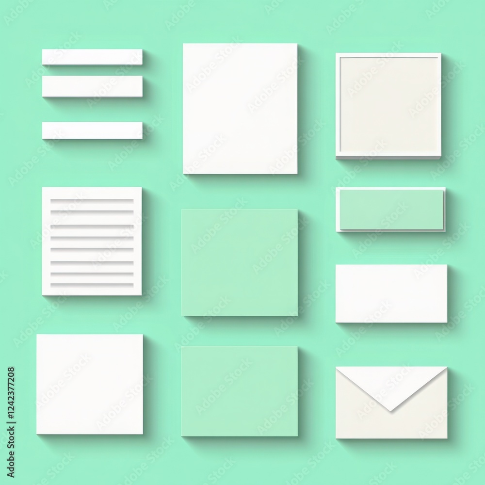 Poster minimalist flat lay design featuring various blank paper forms and envelopes on a soothing mint back