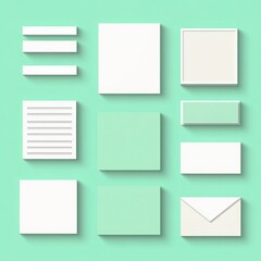 Minimalist flat lay design featuring various blank paper forms and envelopes on a soothing mint background for creative and business concepts