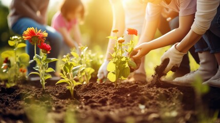 Family Planting flowers in the spring. Children's hands plant flowers in the bed