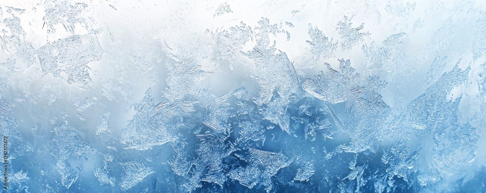 Poster beautiful frost forming intricate patterns on window glass on a cold winter day