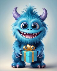 Obraz premium Little blue monster with a big smile and a small gift in his hands, digital art, 3d animation, character illustration, celebration design.
