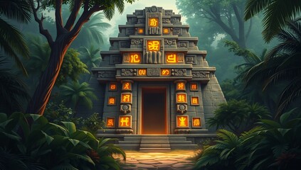 Mayan Temple Entrance with Glowing Golden Glyphs – A hidden entrance to an ancient Mayan temple, its golden glyphs glowing amidst the overgrown jungle