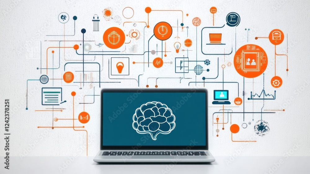 Poster laptop displaying brain; network connections.