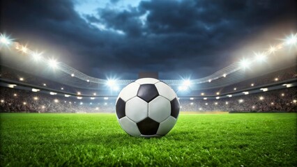Fototapeta premium Professional Soccer Ball on Grass Field Under Dramatic Sky and Stadium Lights at Night