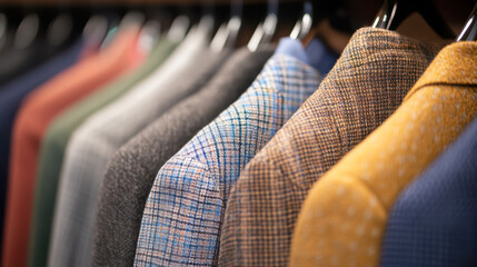 A rack of clothes with a variety of colors and patterns
