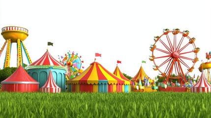 Obraz premium Colorful Amusement Park with Fun Rides, Bright Tents, and Lush Green Grass Under Clear Sky