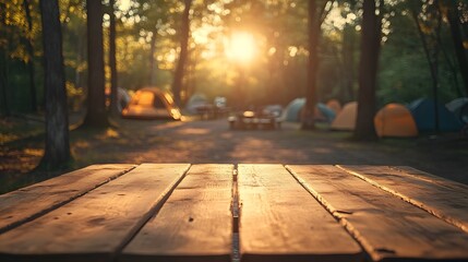 Peaceful Outdoor Camping Scene in Lush Forest at Sunset With Rustic Wooden Table
