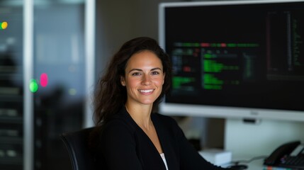 Fototapeta premium a woman working as an IT support representative. She is seated at a modern desk with a sleek computer setup 