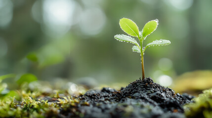 A small plant is growing in the dirt