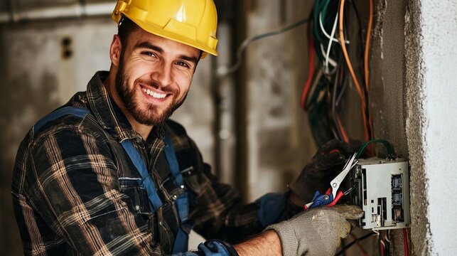 Happy electrician working on wiring in building