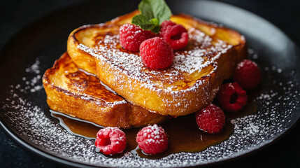Golden-brown French toast topped with fresh raspberries and powdered sugar, served on a rustic wooden plate with a drizzle of maple syrup