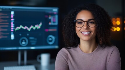 a woman working as an IT support representative. She is seated at a modern desk with a sleek computer setup 