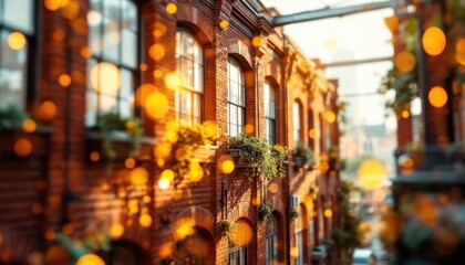 Obraz premium Charming brick apartments with warm sunlight and lush greenery