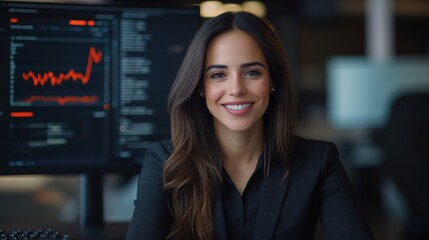 Naklejka premium a woman working as an IT support representative. She is seated at a modern desk with a sleek computer setup 