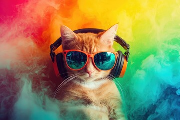 Playful cat with orange sunglasses and headphones in a vibrant, colorful smoke-filled background. Ideal for music-themed, creative, or artistic designs