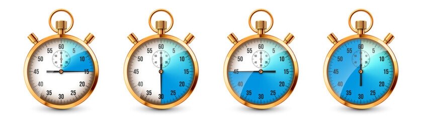 Realistic classic stopwatch. Shiny golden metal chronometer, time counter with dial. Blue countdown timer showing minutes and seconds. Time measurement for sport, start, finish. Vector illustration