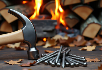 Carpentry Essentials: Hammer and Nails by Fireplace