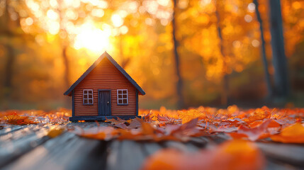 Miniature wooden house sits on autumn leaves in a forest at sunset.