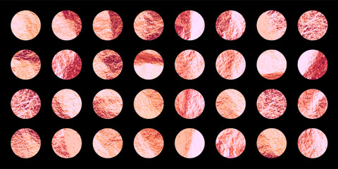 Rose gold foil, shiny handmade circles. Golden glittering texture, pattern. Luxury shining hand drawn background. Wedding greeting card decoration elements. Modern minimalist art. Vector illustration