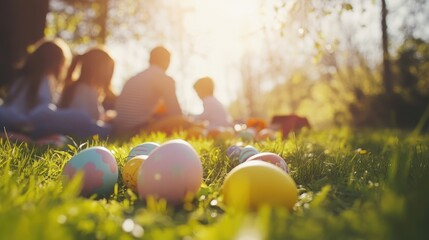 A family gathers in a sunny park for a picnic, surrounded by lush green grass and blooming flowers. Easter eggs are scattered around the picnic area, adding a touch of fun and celebration 