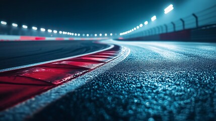 Fototapeta premium Nighttime view of a racetrack with illuminated edges and wet surface reflecting lights in the background