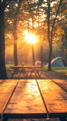 Warm Outdoor Camping Table Under Golden Sunset Rays in Enchanting Forest Scene