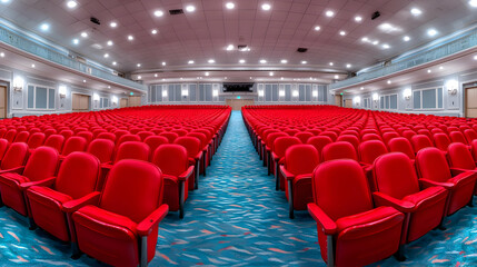 Empty red auditorium seats, conference hall interior,  wide shot, event preparation