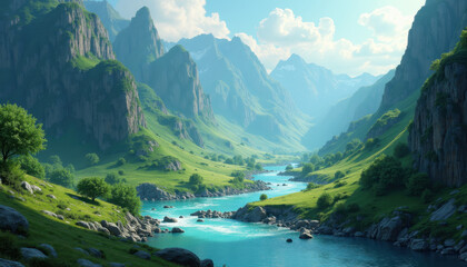 Fototapeta premium Lush Green Valley with Winding River and Mountains