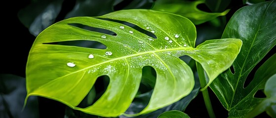 Fototapeta premium Lush Green Monstera Leaf with Dew Drops Close up Photography