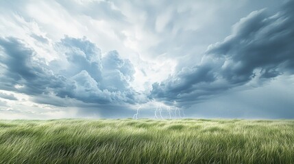 Dramatic Stormy Sky Over Lush Green Grass Landscape with Lightning Strikes in Background