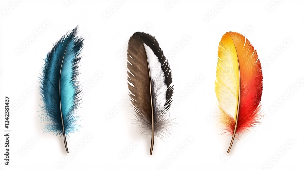 Poster lifelike representation of three vibrant feathers drifting in front of a white backdrop