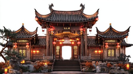 Obraz premium Traditional Asian architecture featuring intricate wooden details and vibrant red lanterns against a serene background