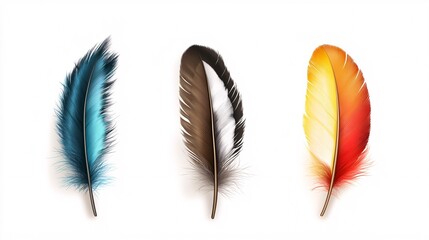Obraz premium Lifelike representation of three vibrant feathers drifting in front of a white backdrop