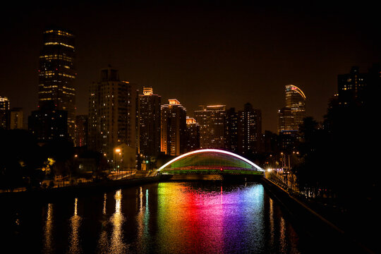 The rainbow lit cityscape in Shanghai