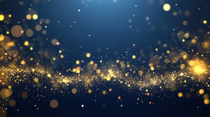 Fototapeta premium Golden glitter on dark blue background, bokeh effect. Perfect for festive designs, adding sparkle and luxury.