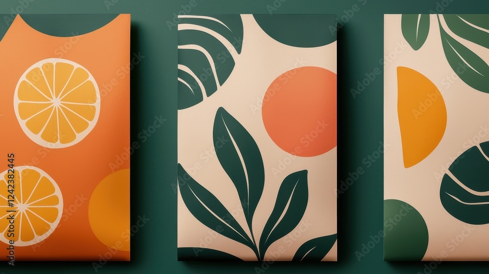 Poster colorful abstract patterns featuring citrus and botanical motifs, creating a vibrant and fresh aesth