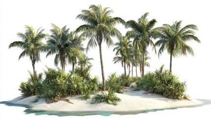 Fototapeta premium Lush Tropical Island Oasis with Palm Trees and Vibrant Foliage on Sandy Shoreline under Bright Sky
