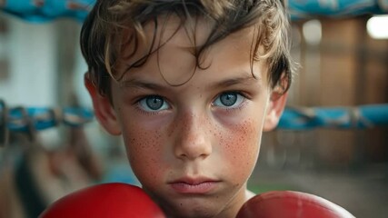 A young boy in boxing gloves and gear, symbolizing determination, discipline, and the spirit of youthful ambition in sports.