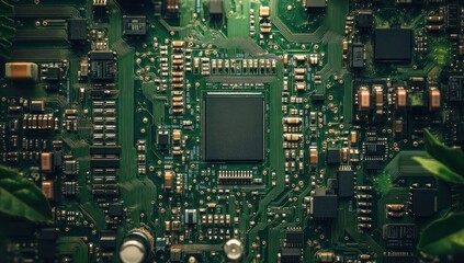 Green Circuit Board Tech,  Close-up Detailed View of Microchip Components and Technology