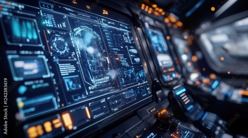 Poster complex digital data is displayed on a futuristic control panel, showcasing innovative manufacturing