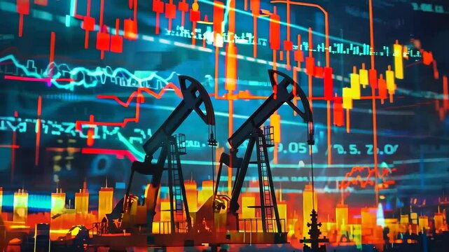 An oil pumpjack extracting oil with economic graphs in the background, representing fuel prices, market trends, and economic warfare.