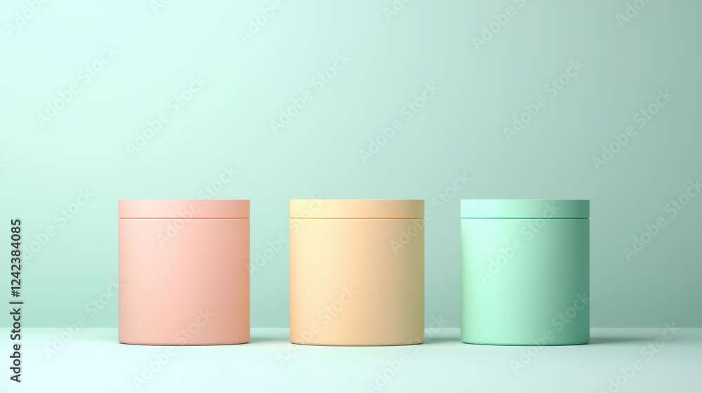 Poster three pastel-colored cylindrical containers arranged in a row against a soft mint green background, 