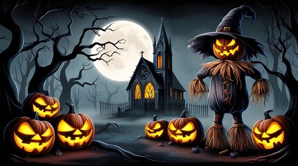 A chilling digital painting of a haunted Halloween night with a terrifying scarecrow wearing a witch hat, glowing jack-o'-lanterns, a full moon, and a gothic cathedral in the background

