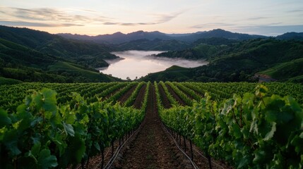 Fototapeta premium Vineyard rows at sunrise over a misty lake
