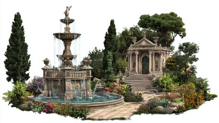 Obraz premium Serene Garden with Elegant Fountain, Classical Architecture, Lush Greenery, and Vibrant Flowers in a Tranquil Setting